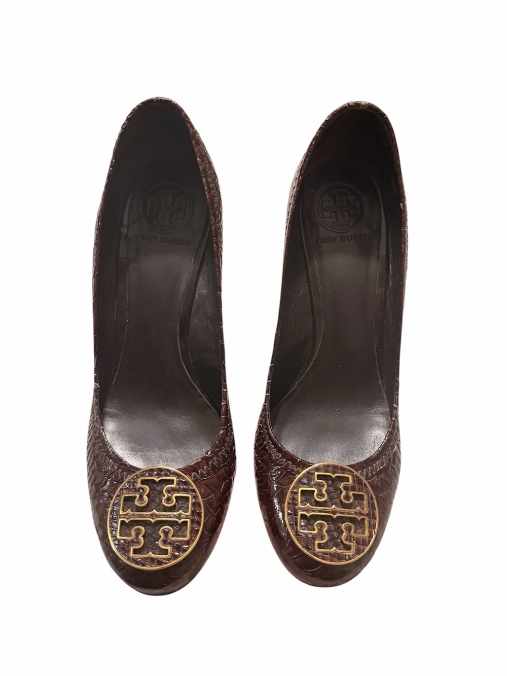 Tory Burch Dark Brown Leather Heels with Gold Logo